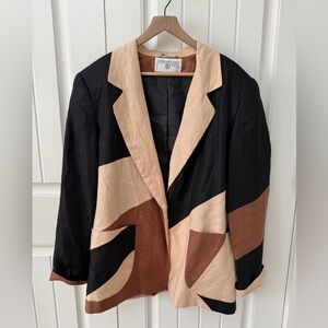 International Scene Vintage Colorblock Blazer Black Brown Tan Linen sz XL 80’s